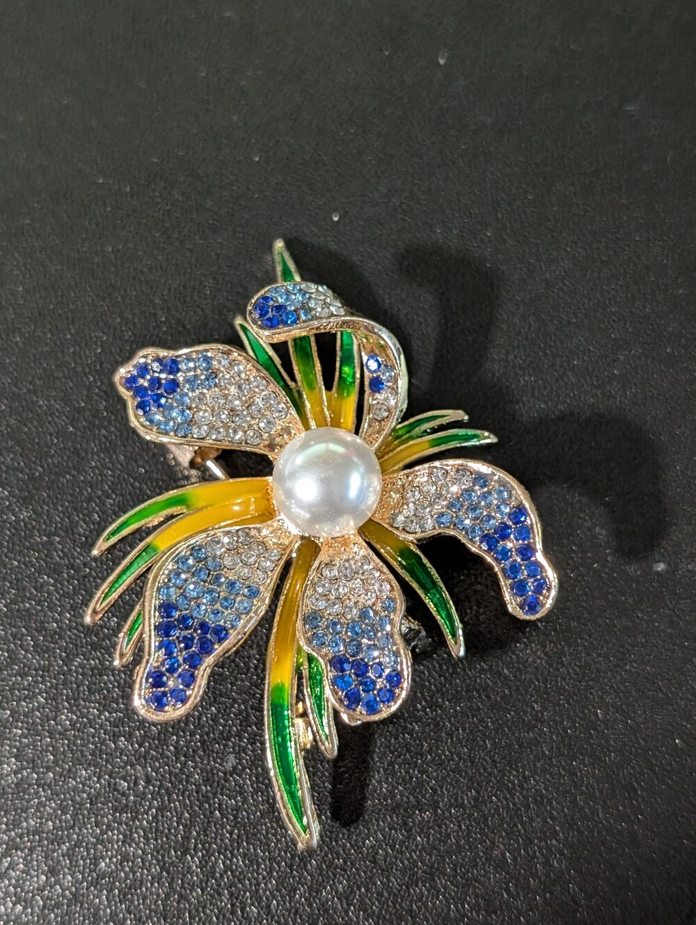 Pearl-Center Floral Brooch with Blue, Green and Yellow Accents